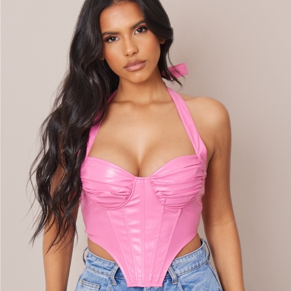 Pink faux leather ruched halter corset - Picture 2 of 5